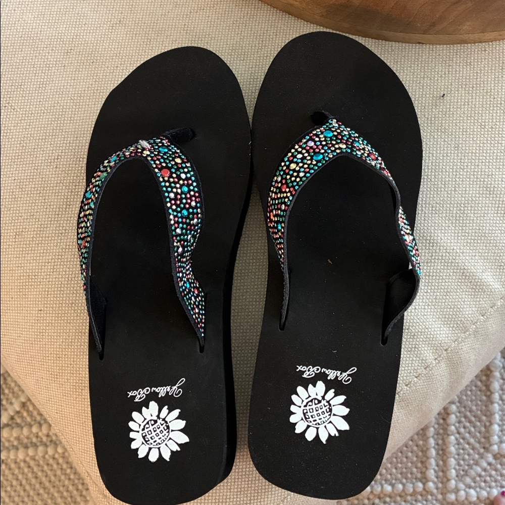 Yellow Box Black Flip Flops with Colorful Beads